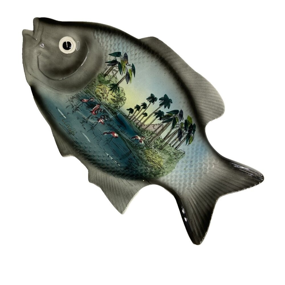 Vntg Kenmar Fish Platter Plate Ceramic Flamingos Palm Trees Tropical Japan 15"